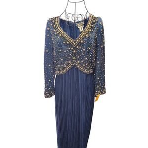 Vintage George F. Couture 1980’s Navy Blue Beaded Long Sleeve Dress Sz 6